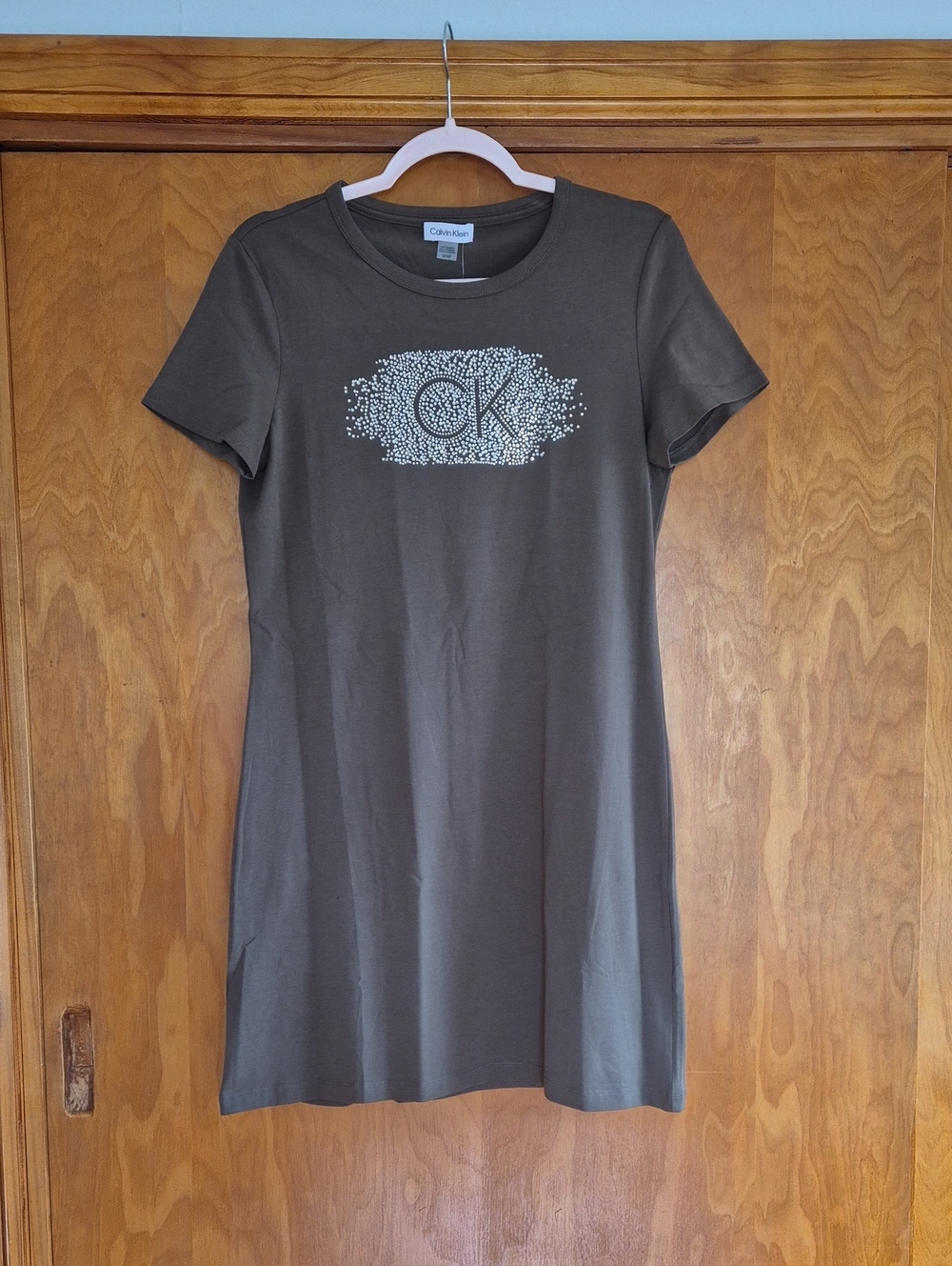 NWOT Calvin Klein Olive Green Short Sleeve Tee Dress with Rhinestone Logo,Size S